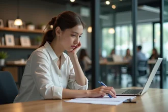 Jeune femme au bureau travaillant sur son ordinateur