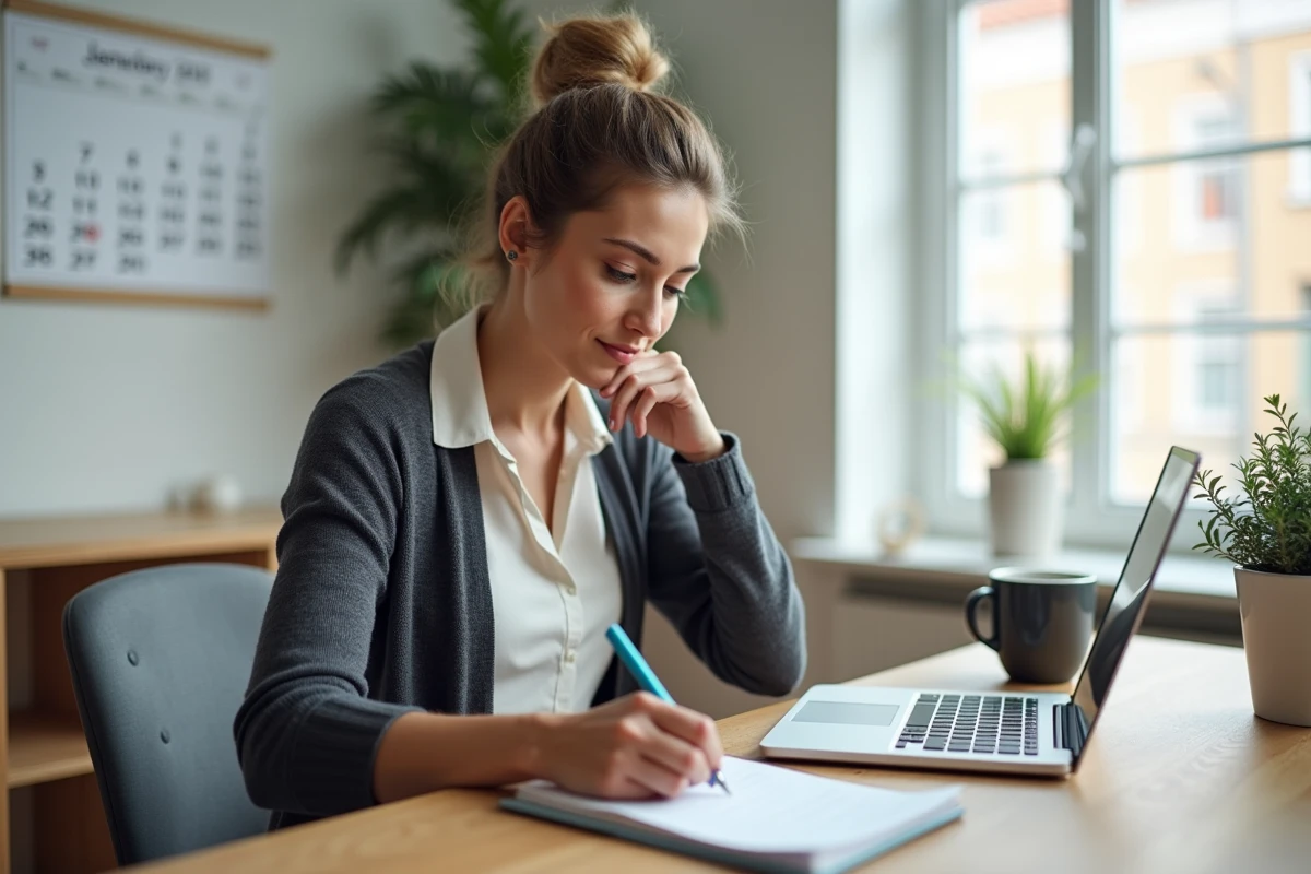 Jeune femme au bureau organisant ses dates de travail