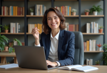 Femme en blazer dans un bureau moderne et accueillant