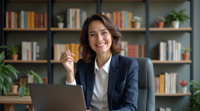 Femme en blazer dans un bureau moderne et accueillant