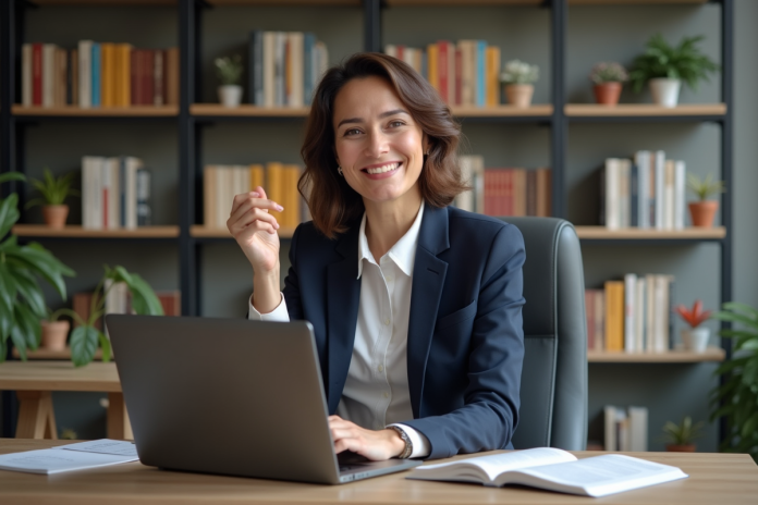 femme-bureau-professionnelle-1 Femme en blazer dans un bureau moderne et accueillant