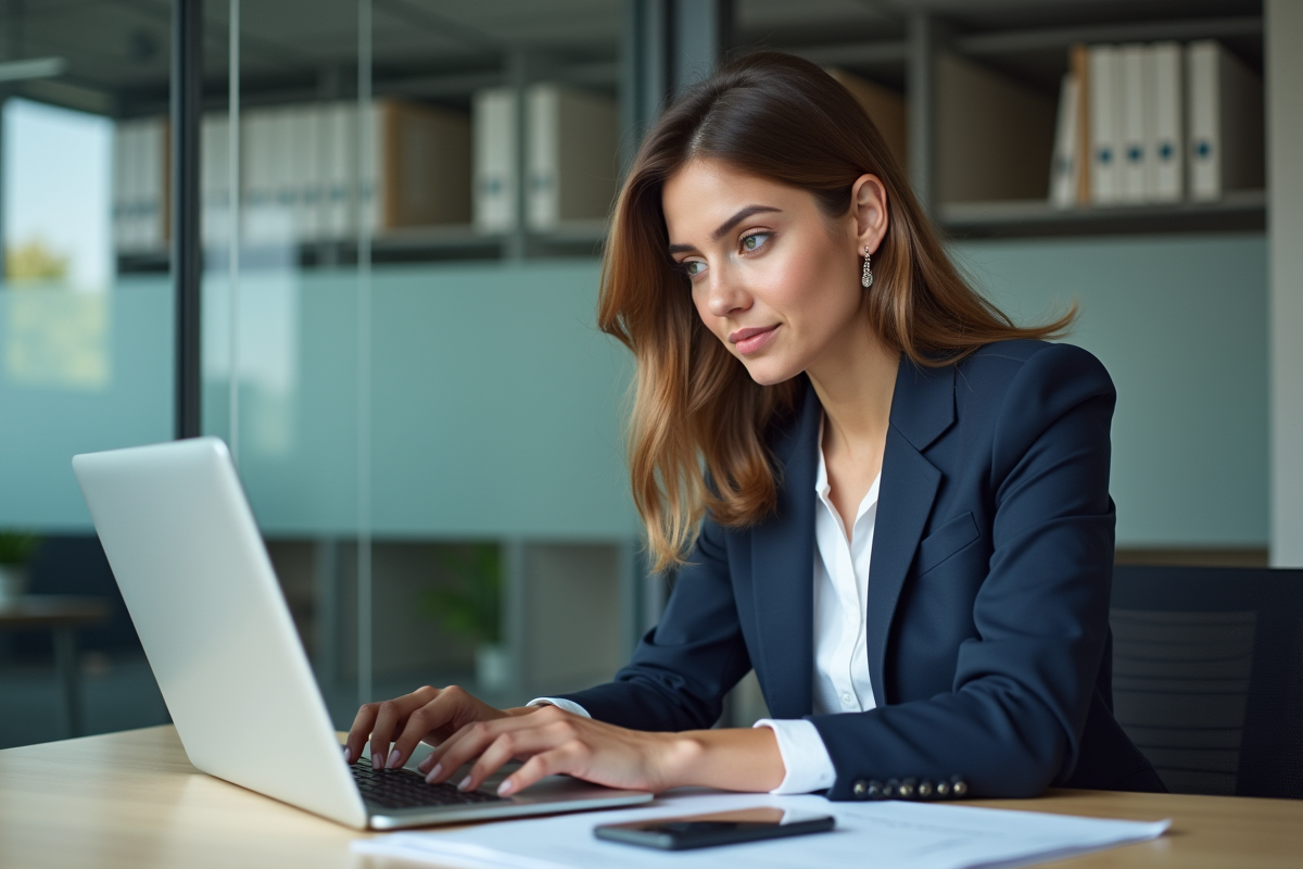 Jeune femme professionnelle concentrée au bureau