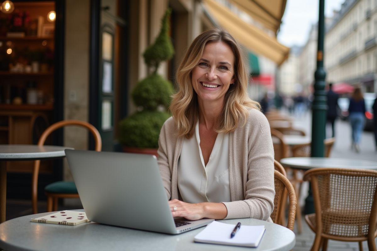 Femme travaillant sur son ordinateur dans un café parisien