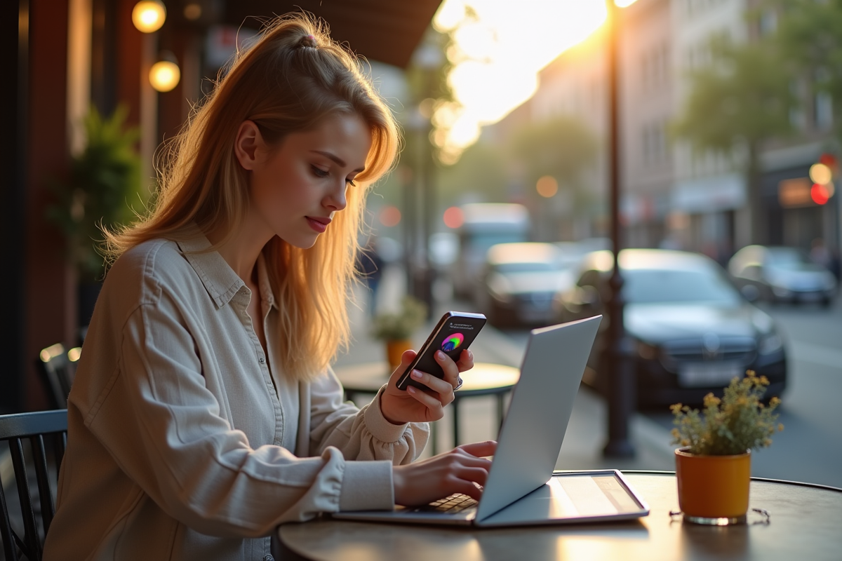 Jeune femme travaillant sur son ordinateur dans un café urbain