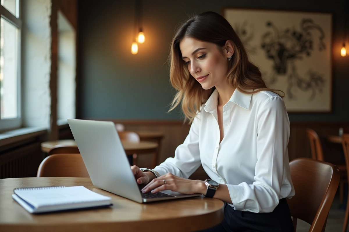 Femme au café travaillant sur son ordinateur portable