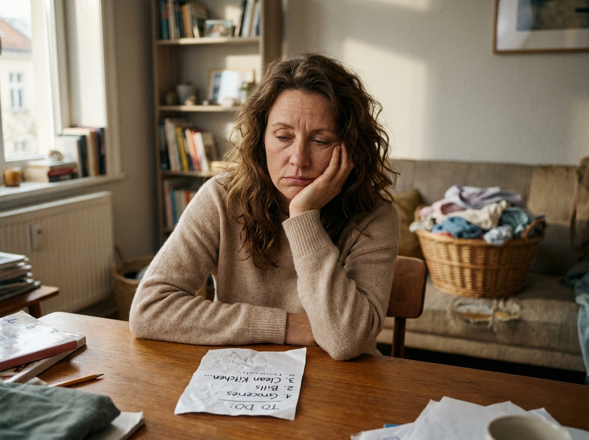 Femme épuisée par la charge mentale et les tâches ménagères non partagées dans le couple