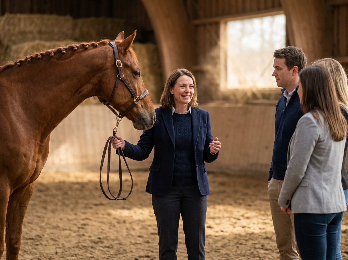 Femme dirigeant un cheval dans une salle rustique