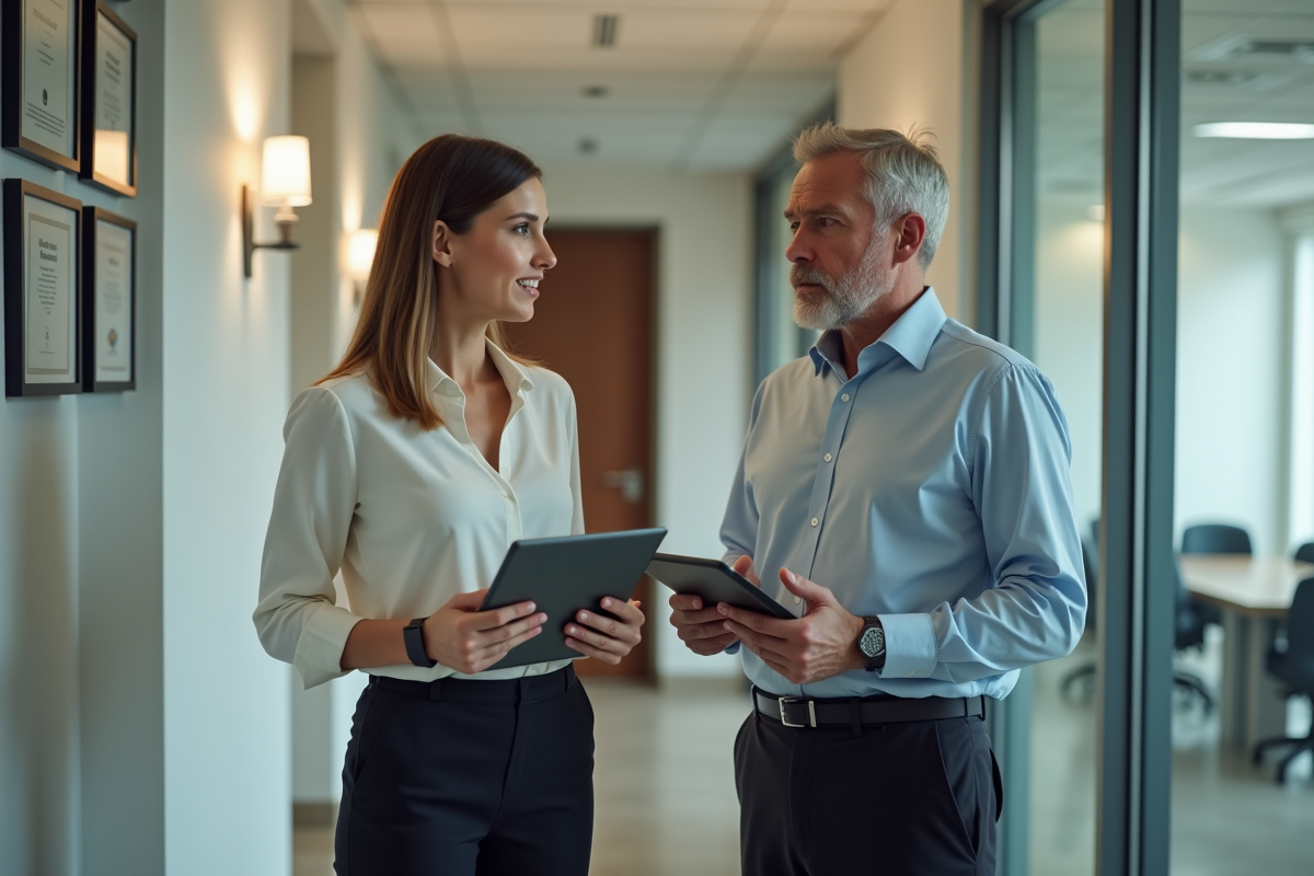 Jeune femme professionnelle parle avec un collègue dans le couloir
