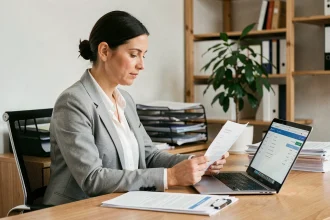 Femme comptable analysant des factures impayées sur un bureau professionnel moderne