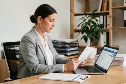 Femme comptable analysant des factures impayées sur un bureau professionnel moderne