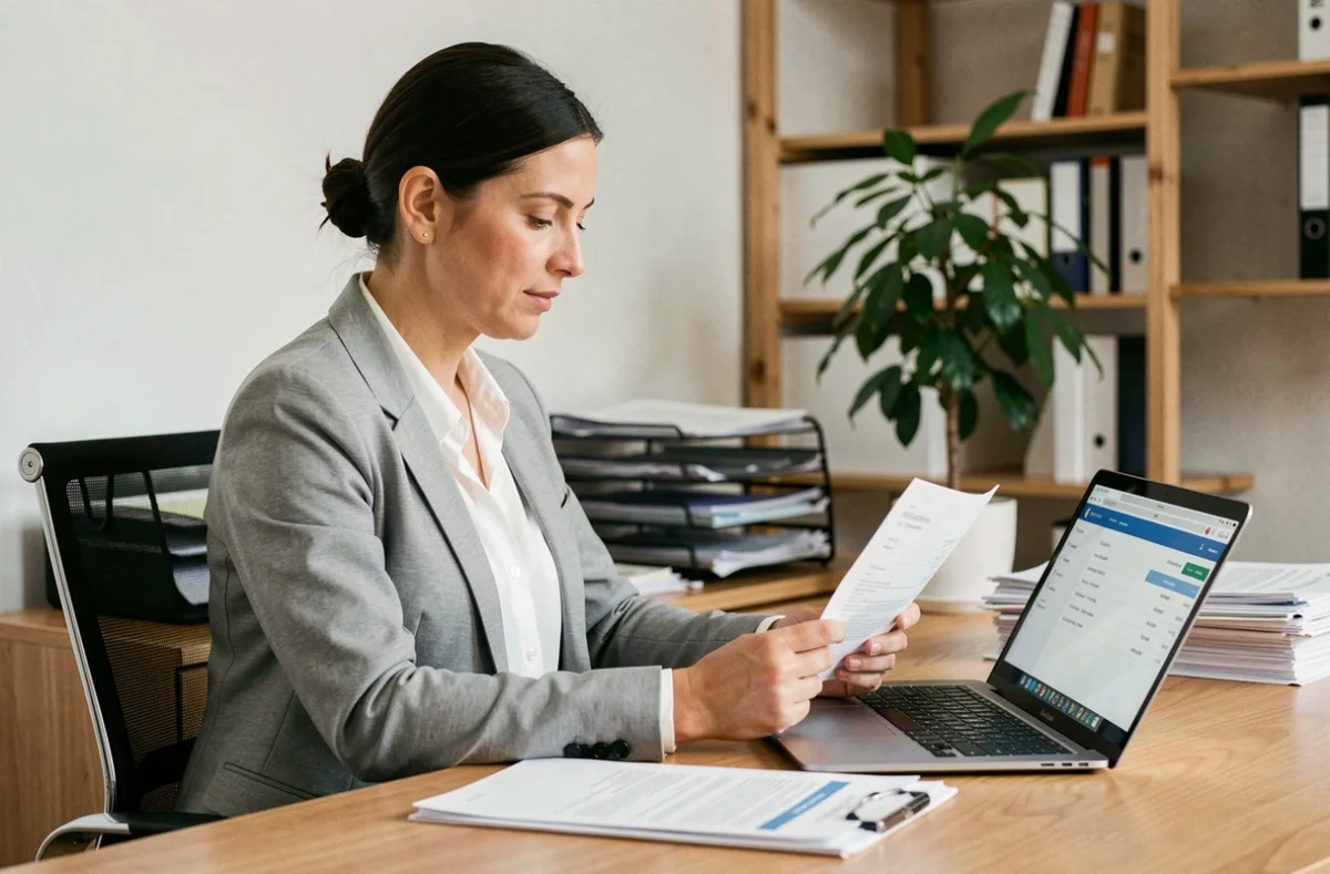 Femme comptable analysant des factures impayées sur un bureau professionnel moderne