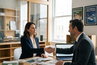 Femme confiante en affaires serrant la main d'un conseiller