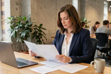 Femme consultante comparant les statuts EURL et portage salarial dans un espace de coworking moderne