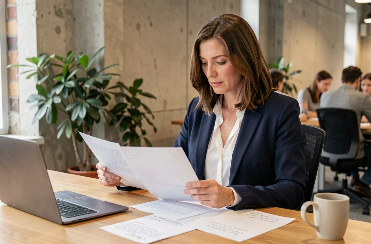 Femme consultante comparant les statuts EURL et portage salarial dans un espace de coworking moderne