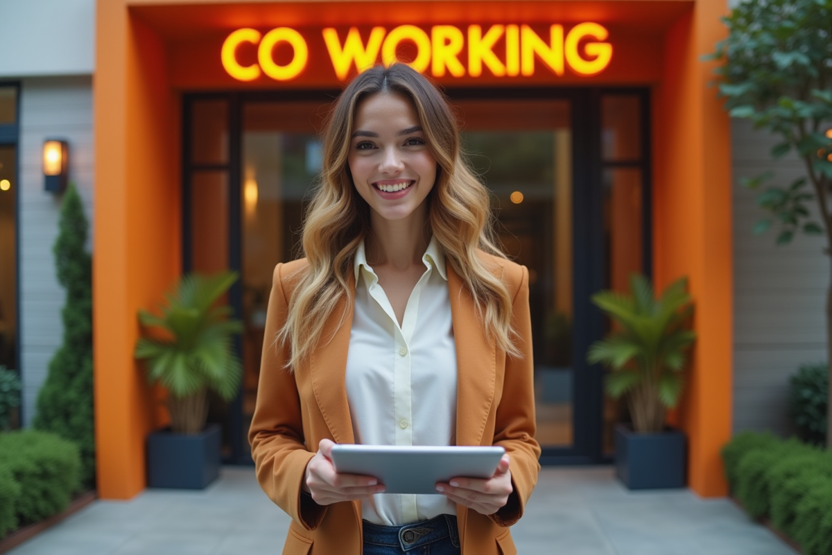 Jeune femme professionnelle avec tablette devant espace coworking