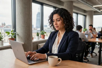 Femme travaillant sur un ordinateur portable dans un espace de coworking moderne à Lyon Part-Dieu avec vue sur la tour