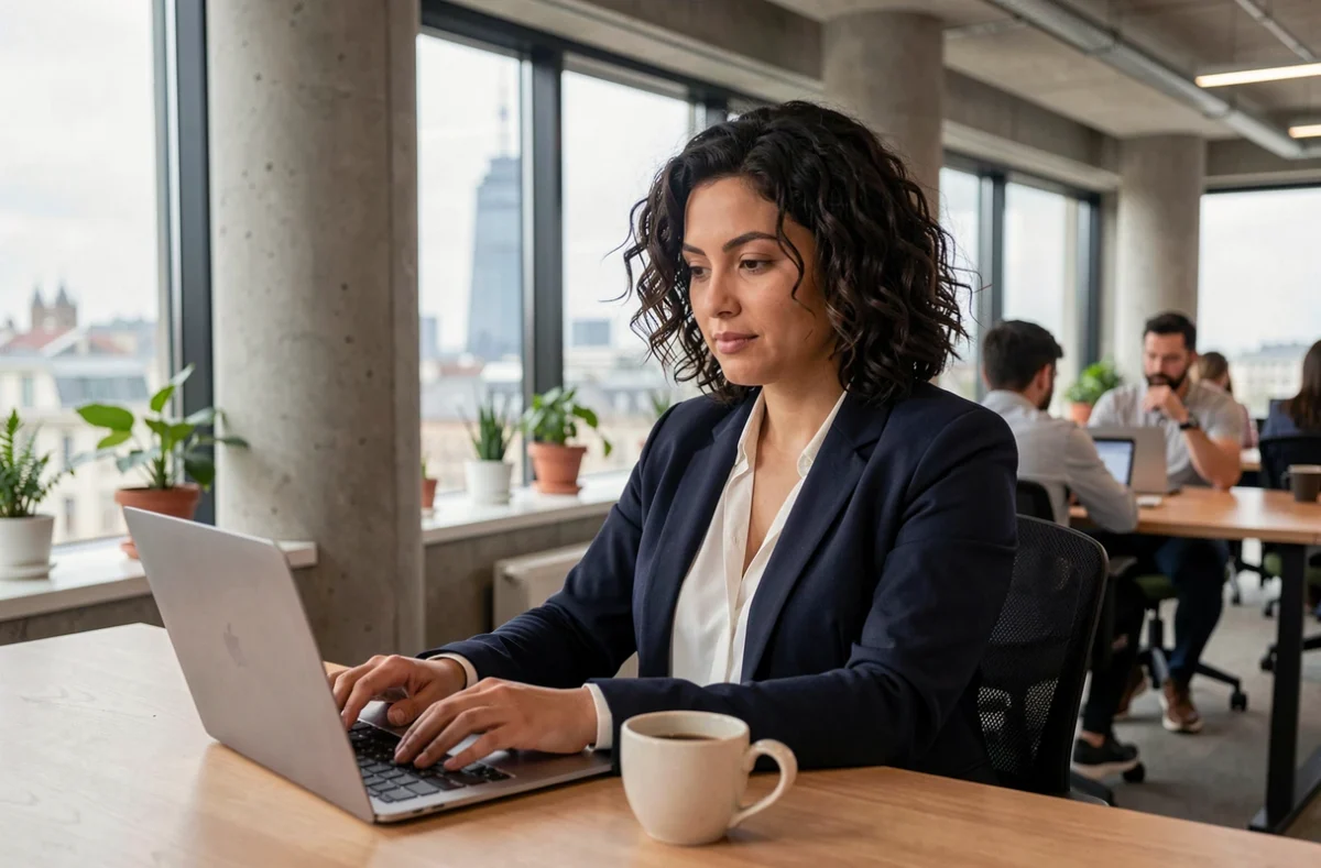 Femme travaillant sur un ordinateur portable dans un espace de coworking moderne à Lyon Part-Dieu avec vue sur la tour