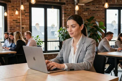 Femme travaillant dans un espace de coworking moderne à Pau avec vue sur la ville