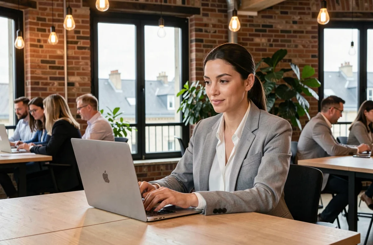 Femme travaillant dans un espace de coworking moderne à Pau avec vue sur la ville