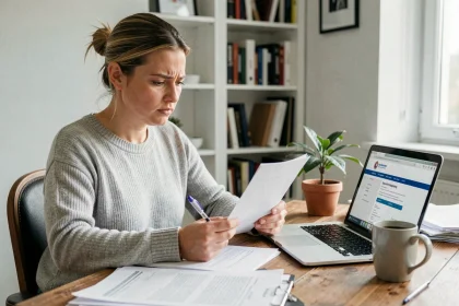 Femme entrepreneure étudiant des documents administratifs pour la création d'une micro entreprise URSSAF