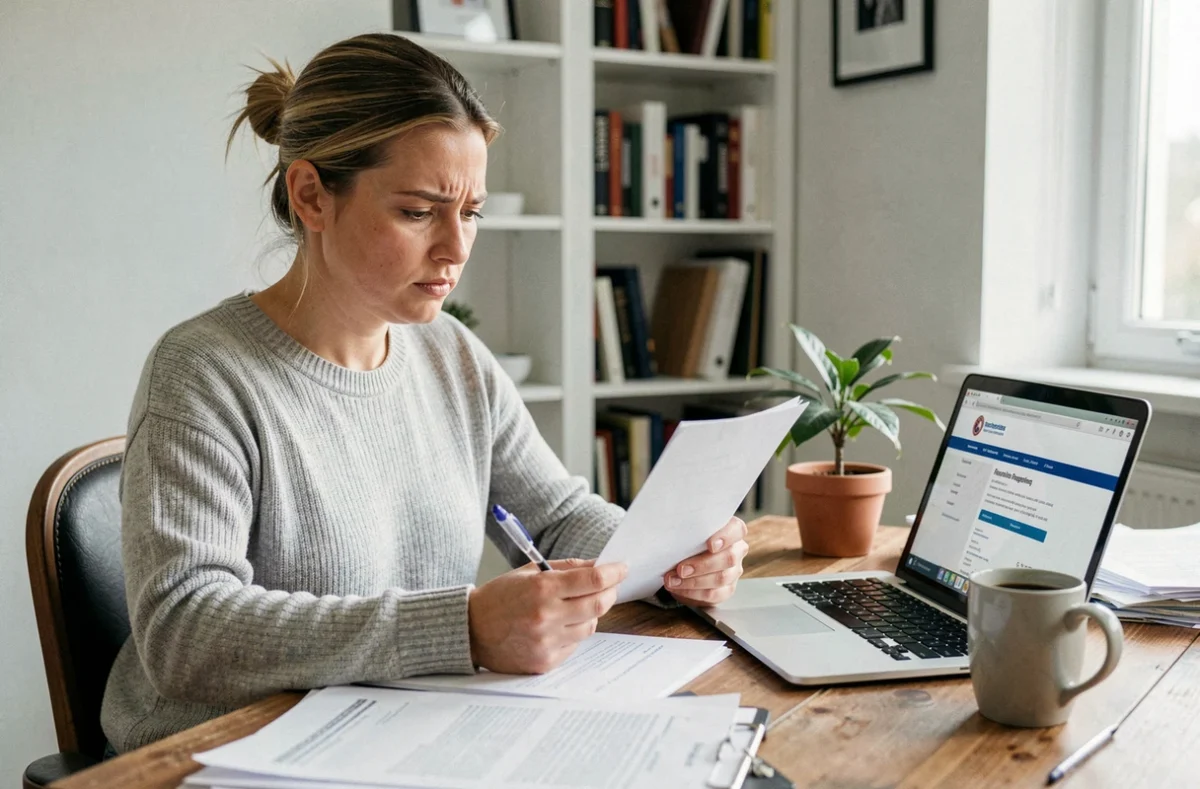 Femme entrepreneure étudiant des documents administratifs pour la création d'une micro entreprise URSSAF