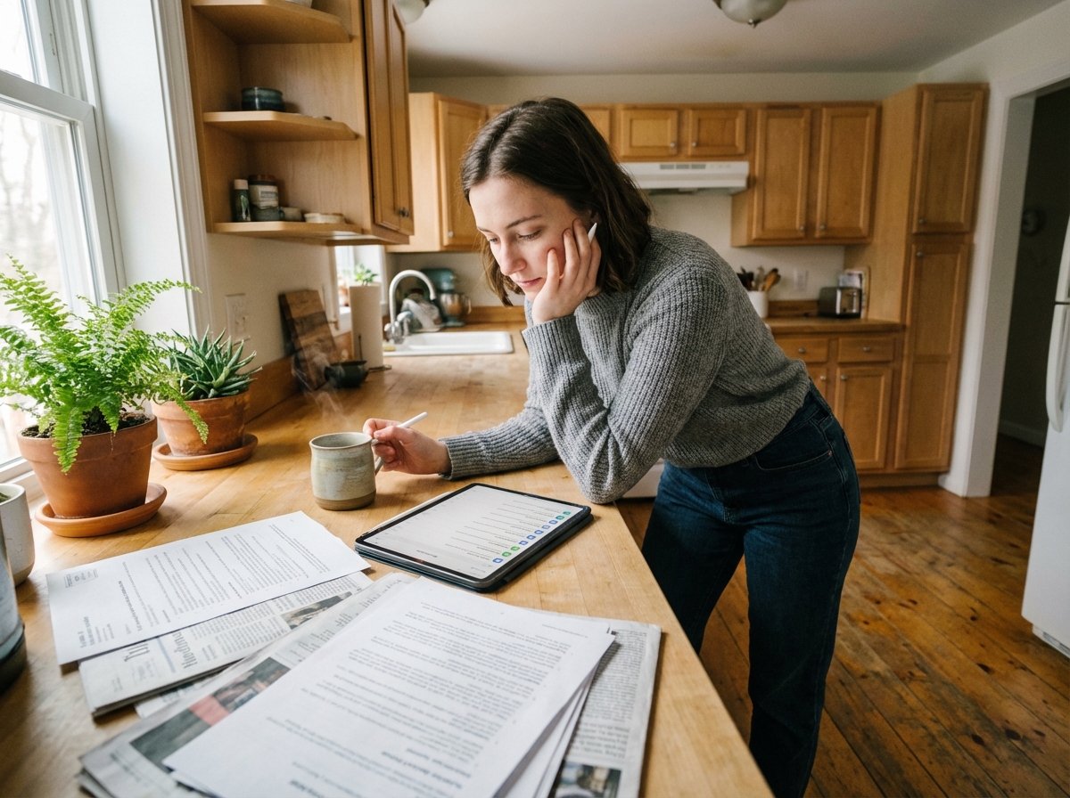 Jeune femme à la maison utilisant une tablette dans la cuisine