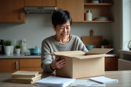 Femme emballant des objets fragiles dans la cuisine