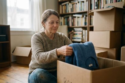 Femme en jeans et pull pliant des vetements dans une box