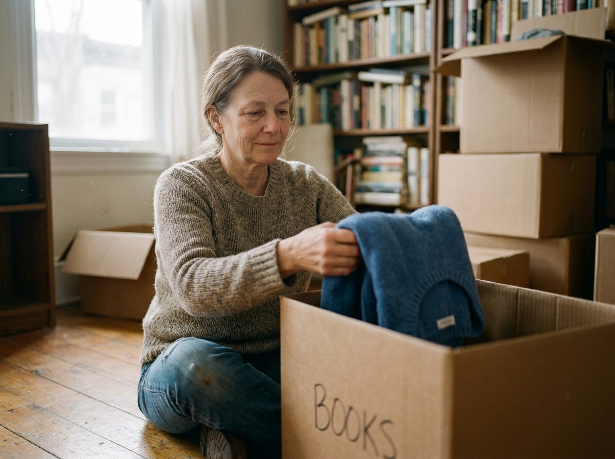 Femme en jeans et pull pliant des vetements dans une box