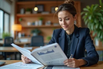 Femme entrepreneur lisant un magazine de business à son bureau dans un open space moderne, illustrant les avantages d'un abonnement professionnel