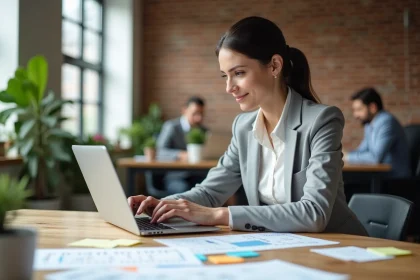 Femme entrepreneur analysant un business model sur ordinateur portable dans un espace de coworking