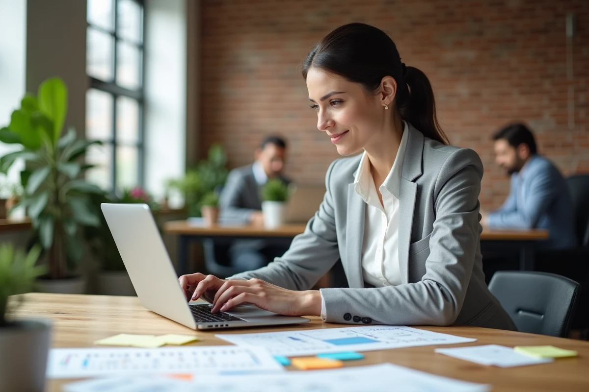 Femme entrepreneur analysant un business model sur ordinateur portable dans un espace de coworking