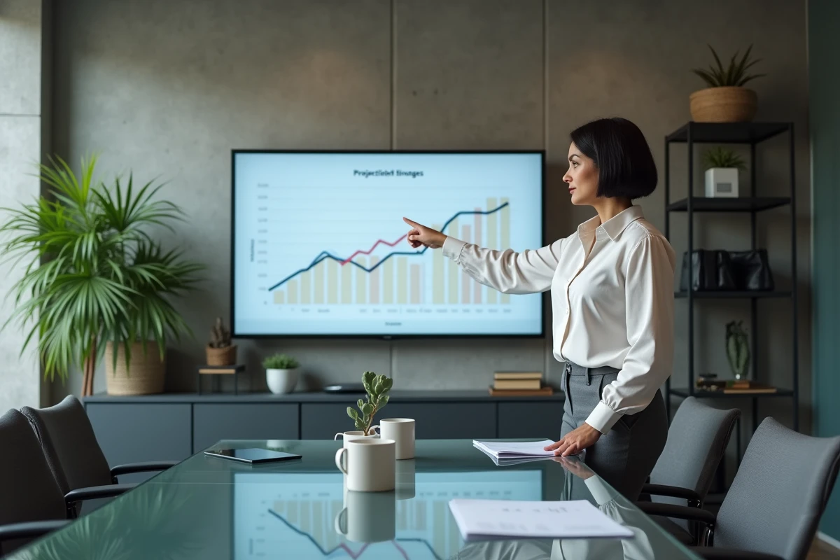 Femme entrepreneur pr&eacute;sentant des projections financi&egrave;res pour une cession de commerce dans une salle de r&eacute;union moderne