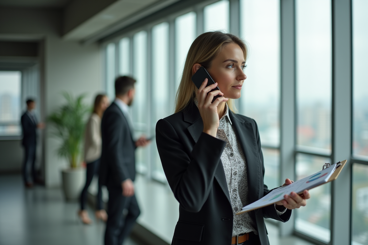 Femme entrepreneure parlant au téléphone près d une fenêtre urbaine