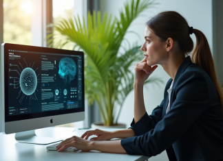 Jeune femme en bureau regardant un écran avec diagrammes de réseaux neuronaux