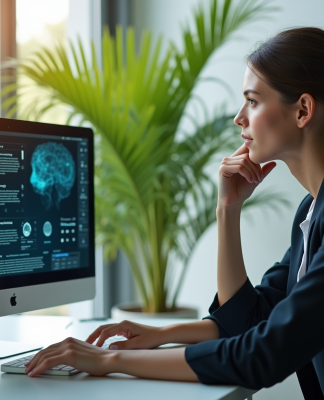 Jeune femme en bureau regardant un écran avec diagrammes de réseaux neuronaux