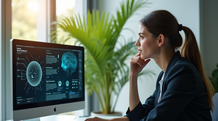 Jeune femme en bureau regardant un écran avec diagrammes de réseaux neuronaux