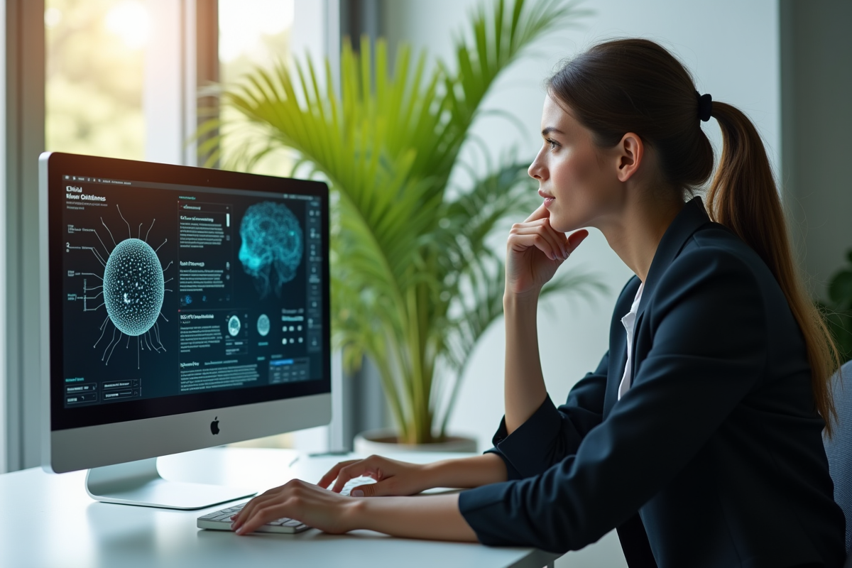 Jeune femme en bureau regardant un écran avec diagrammes de réseaux neuronaux