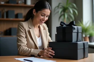 Femme professionnelle examinant des boîtes cadeaux de fournisseur avec un contrat sur un bureau en bois