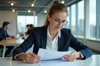 Femme professionnelle examinant attentivement un contrat de travail CDD avant signature dans un bureau moderne