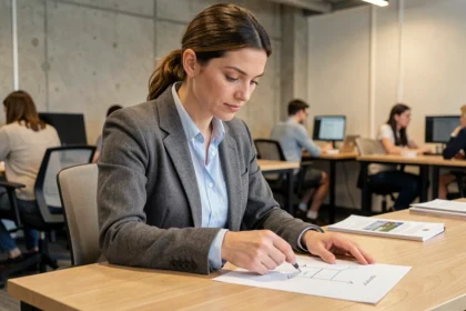 Femme en blazer expliquant le schéma du portage salarial avec un document illustré sur un bureau en espace de coworking