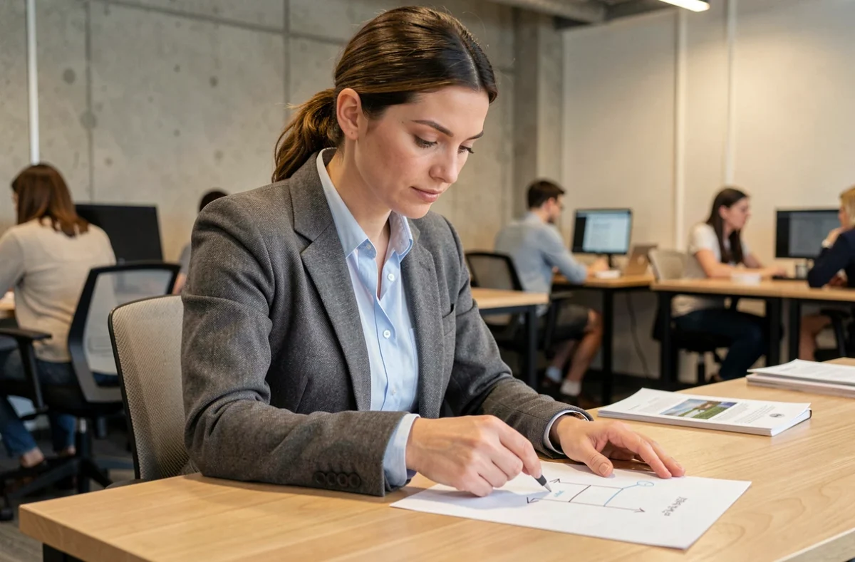 Femme en blazer expliquant le schéma du portage salarial avec un document illustré sur un bureau en espace de coworking