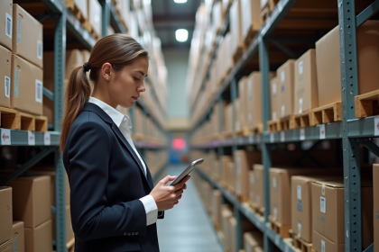 Jeune femme d affaires vérifiant des données sur une tablette dans un entrepôt