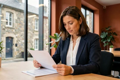 Femme indépendante en portage salarial signant un contrat dans un espace de coworking à Rennes