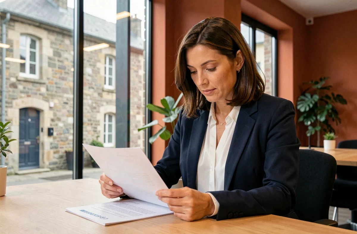Femme indépendante en portage salarial signant un contrat dans un espace de coworking à Rennes