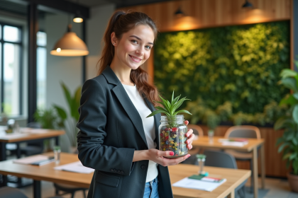 Jeune femme dans un bureau écologique avec verre recyclé