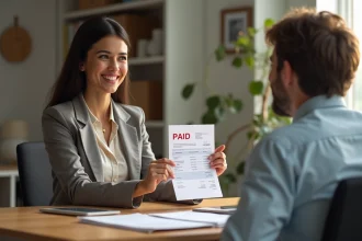 Femme souriante montrant une facture payée à un client
