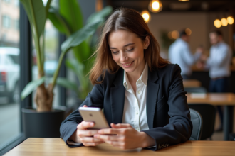 Femme d'affaires analysant des données marketing sur son smartphone