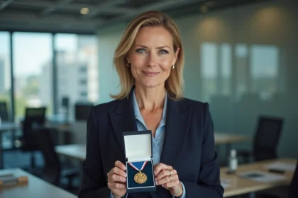 Femme d age moyenne en costume avec m&eacute;daille du travail