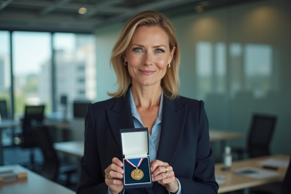 Femme d age moyenne en costume avec médaille du travail